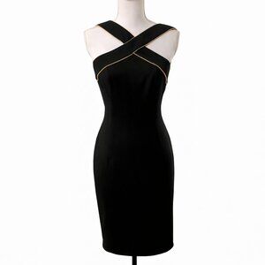 Carmen Marc Valvo Sexy Bombshell Black Gold Bead Cocktail Evening Dress Size 4